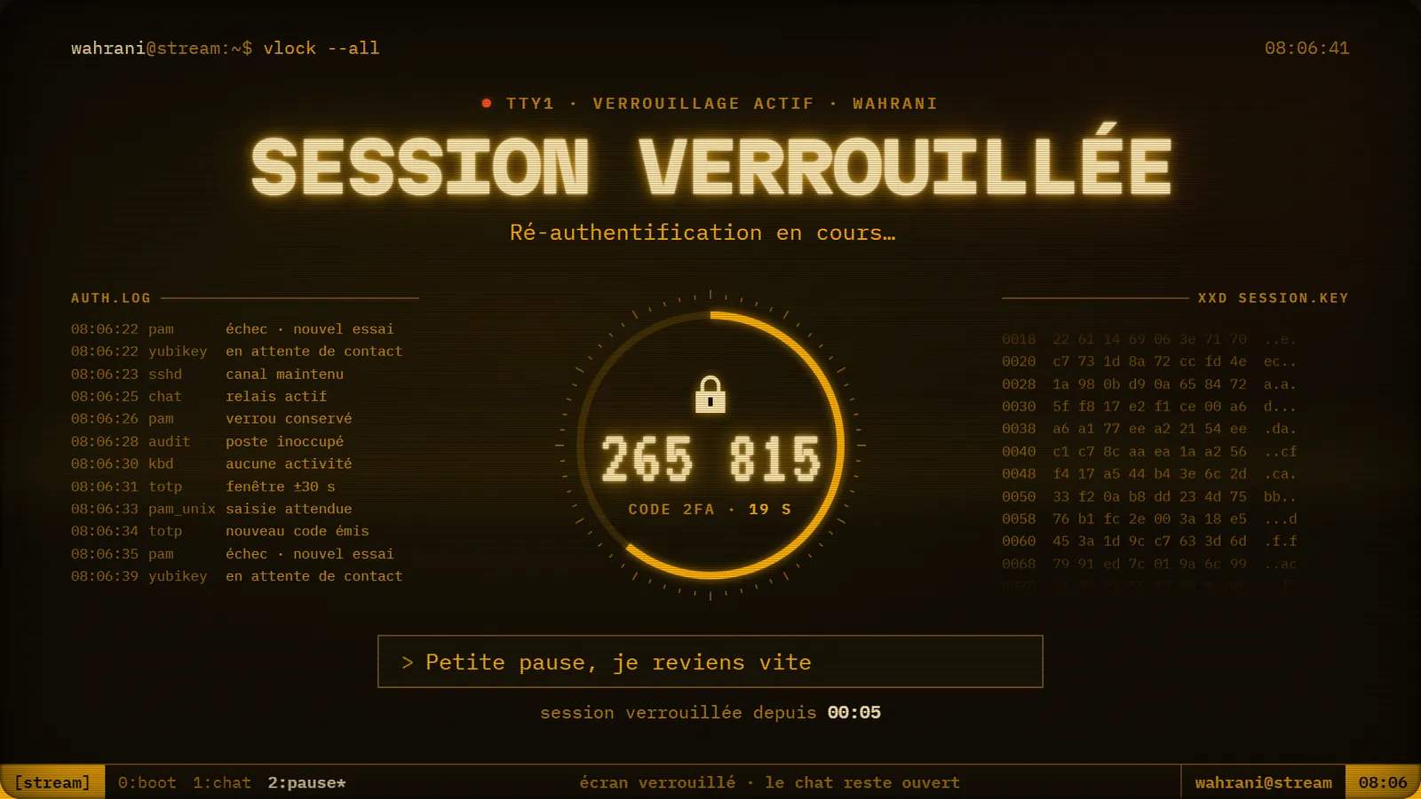 Écran de pause « Session verrouillée » avec cadenas et code.