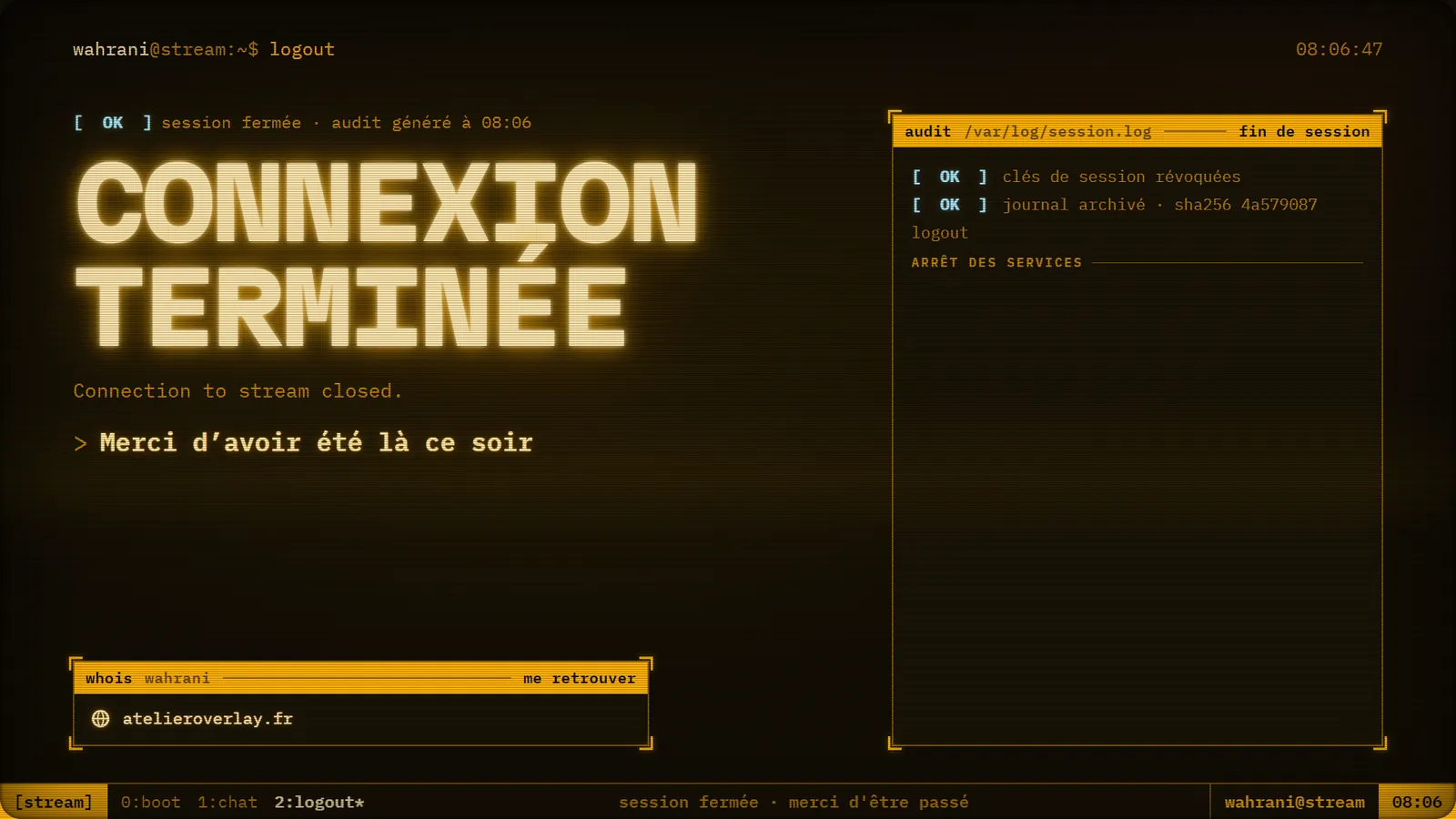 Écran de fin « Connexion terminée ».