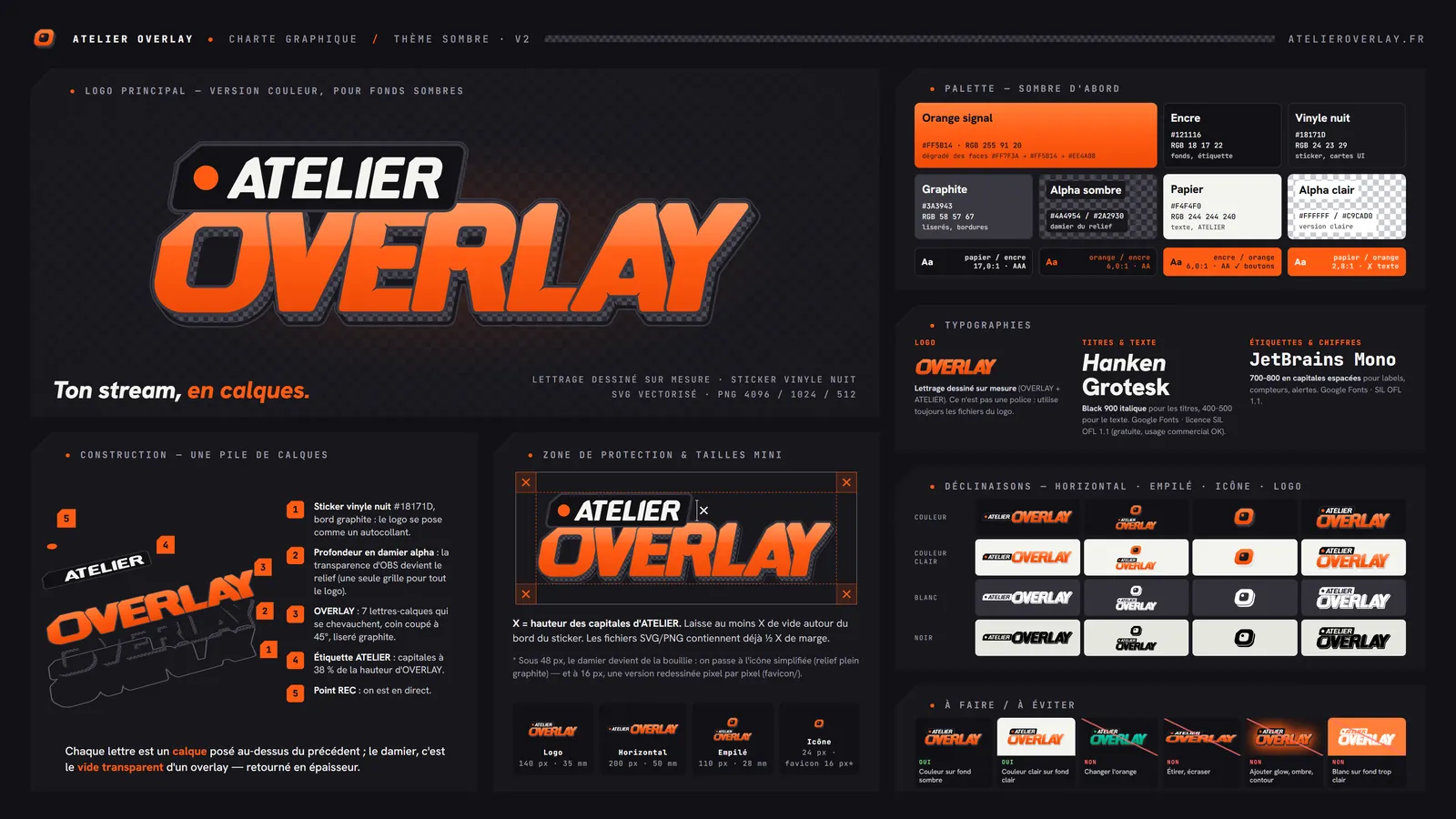 Charte graphique d’Atelier Overlay : grand logo orange ATELIER OVERLAY en relief damier, palette de couleurs avec contrastes, typographies, construction du logo en calques, zone de protection, déclinaisons couleur, clair, blanc et noir, et usages à éviter.