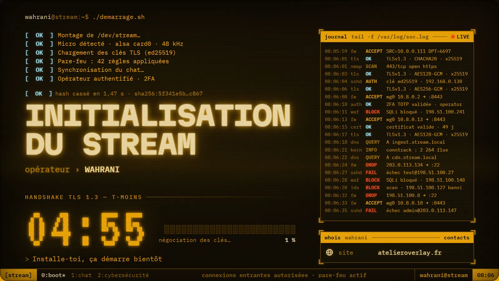 Écran de début « Initialisation du stream » avec compte à rebours.